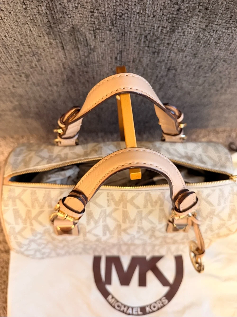 Michael Kors Cream Logo Satchel with Tan Leather Trim and Gold Hardware
